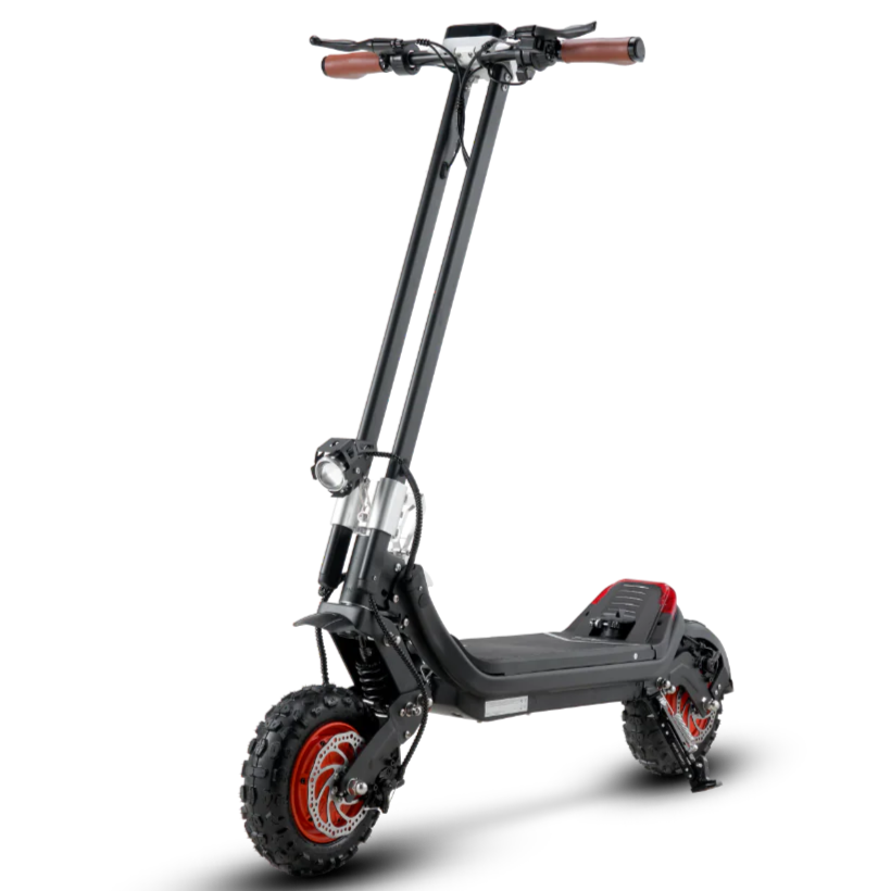 Black G63 electric scooter with knobby front tire, red wheel rim, headlight, and brown handlebar grips