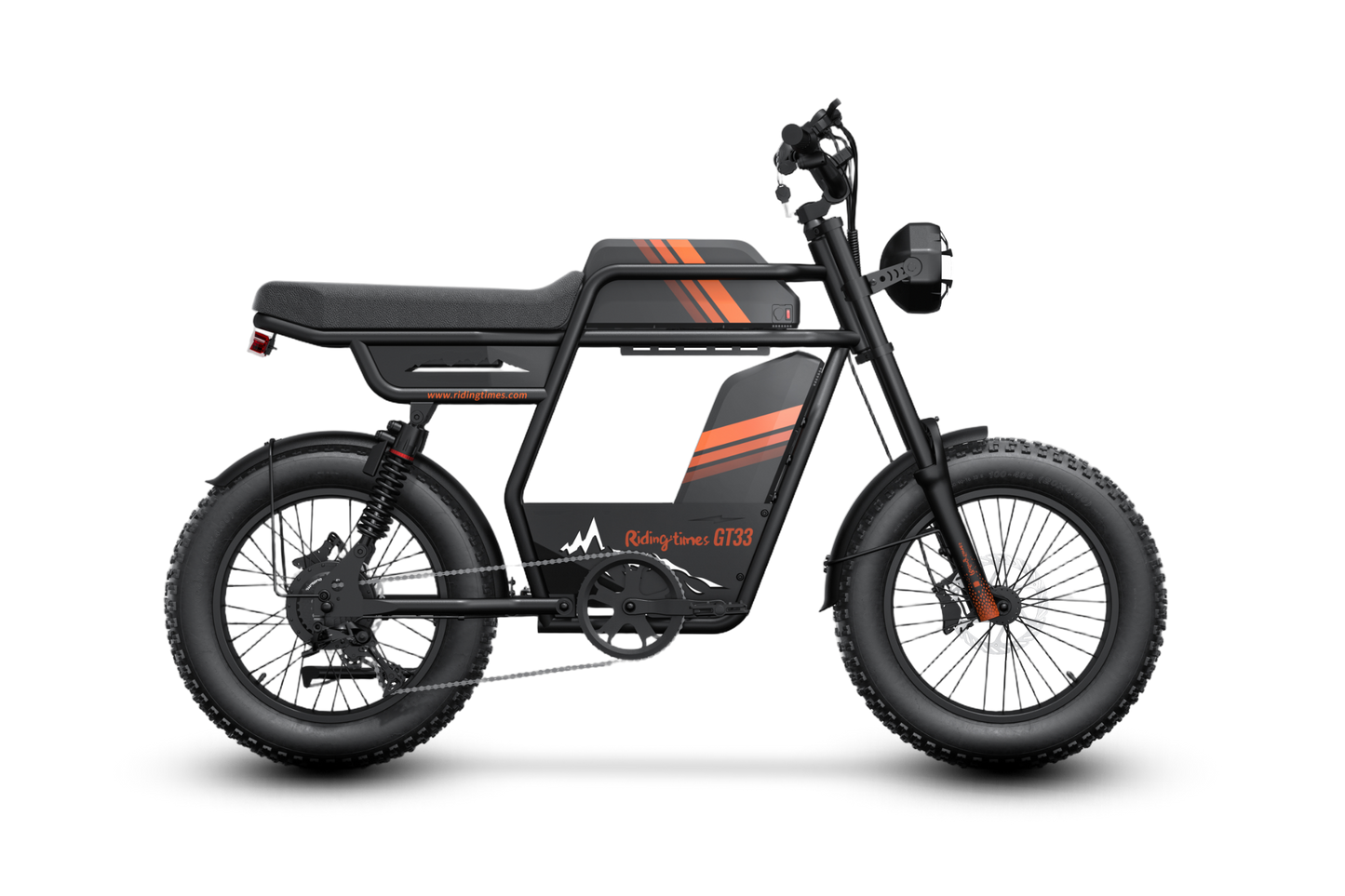 Riding Times GT33 cargo electric bike – left side profile showing matte black cafe racer frame, orange racing stripes on battery pack, fat all-terrain tires, and rear suspension