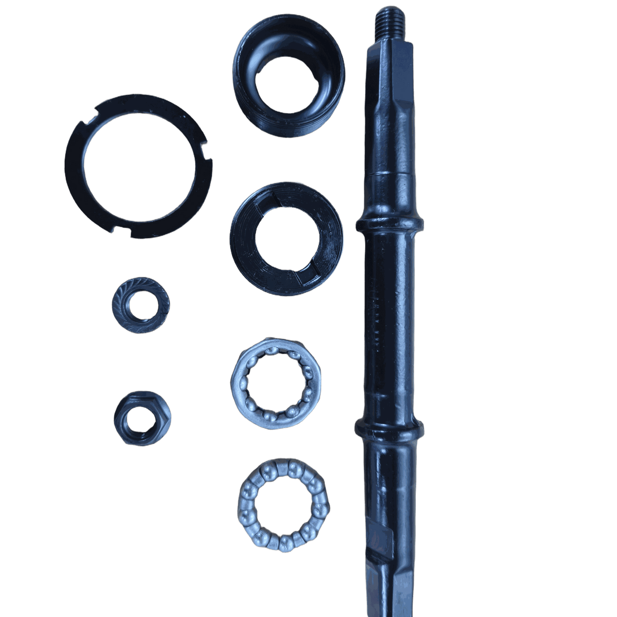 bottom bracket set with black metal spindle and matching black circular bearing components arranged neatly on a white background