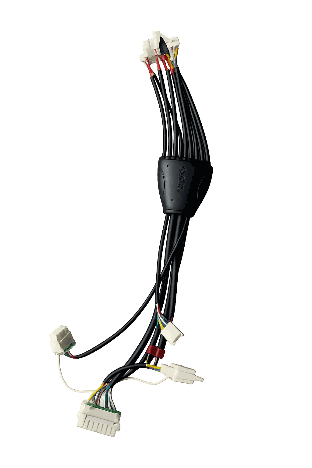 Integrated cable with multiple black insulated wires and white plastic connectors featuring colored internal wiring.