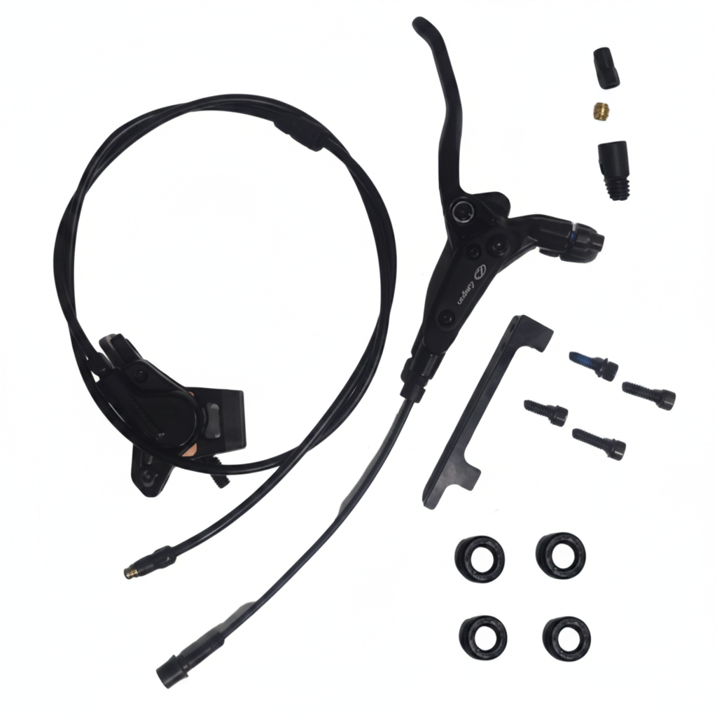 Front brake set with lever, hose, caliper, and mounting hardware for bicycle or motorcycle.