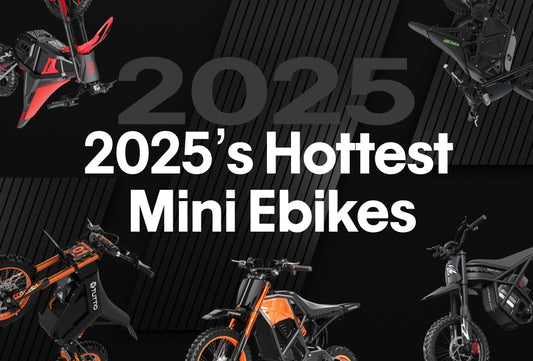 Promotional graphic for 2025's hottest mini-ebikes with text and bike images on a black background