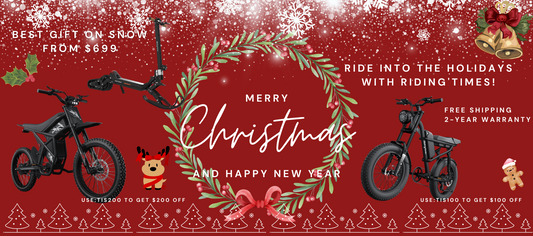 Christmas Sale Riding Times electric bikes and scooters holiday discount with festive wreath and snowflake background