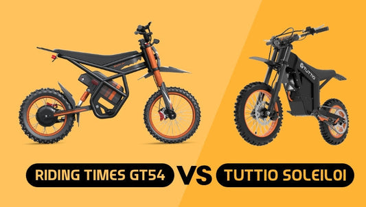 Side-by-side comparison of Riding Times GT54 and Tuttio Soleil01 electric dirt bikes on orange background