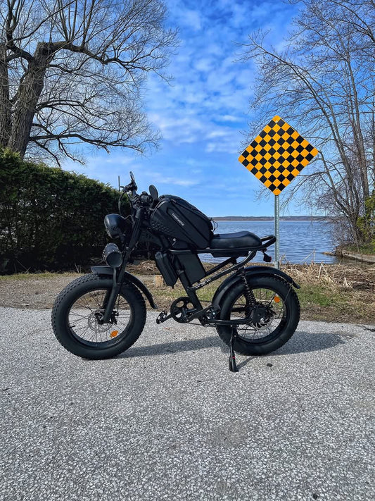 black fat-tire urban electric mobility bike parked on road near lake and checkered road sign