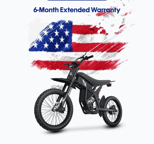 Electric mountain eBike with 6-month extended warranty for 4th of July eBike sale against American flag background