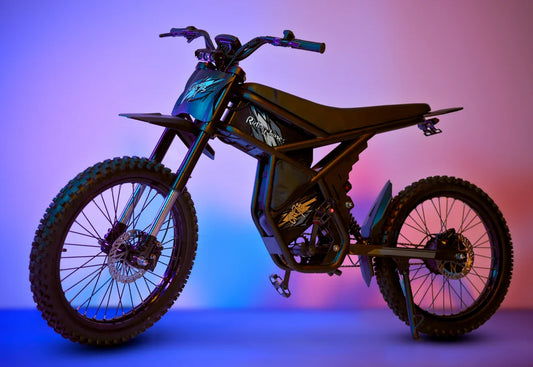 Black Riding Times GT73 dirt eBike for teens with rugged tires and sleek design against purple-blue lighting background