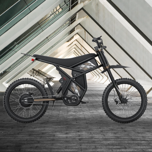 GT73 Pro eBike black electric dirt bike with enhanced performance and modern design in an industrial tunnel setting