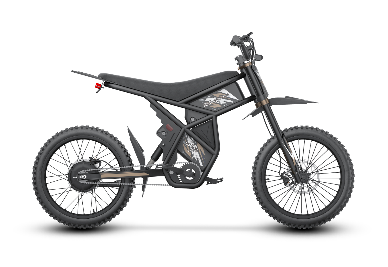 Black GT73 Pro electric motorbike with rugged off-road tires and rear gear hub motor design