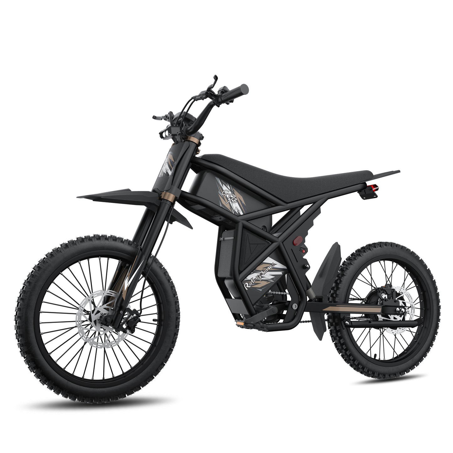Black GT73 Pro electric motorbike with rugged off-road tires and rear gear hub motor design