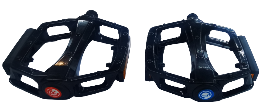 Black bicycle pedals with red and blue markers for right and left sides