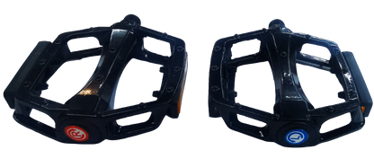 Black bicycle pedals with red and blue markers for right and left sides