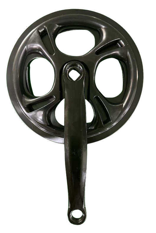Black front chainring with crank arm for bike drivetrain power transfer