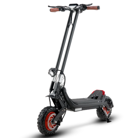 Black G63 electric scooter with knobby front tire, red wheel rim, headlight, and brown handlebar grips