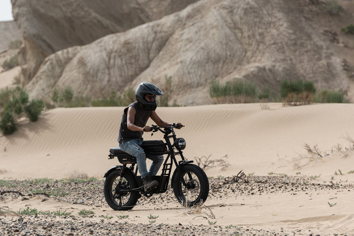 Person riding a GT33 in a desert landscape with mountains in the background