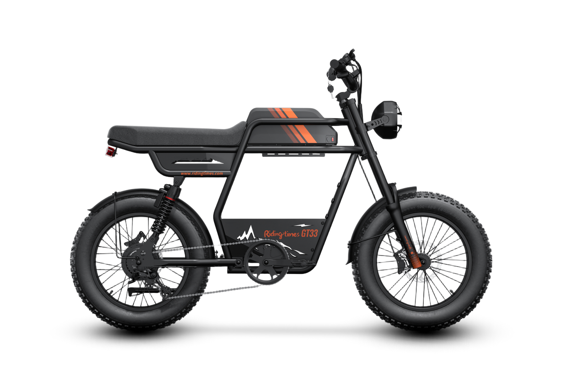 Riding Times GT33 cargo electric bike – right side profile showing matte black cafe racer frame, orange racing stripes, flat extended seat, and fat all-terrain tires
