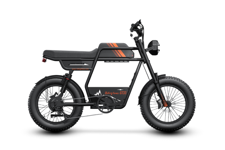 Riding Times GT33 cargo electric bike – right side profile showing matte black cafe racer frame, orange racing stripes, flat extended seat, and fat all-terrain tires