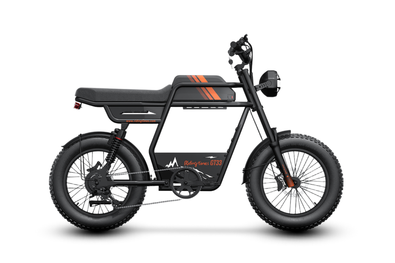 Riding Times GT33 cargo electric bike – right side profile showing matte black cafe racer frame, orange racing stripes, flat extended seat, and fat all-terrain tires