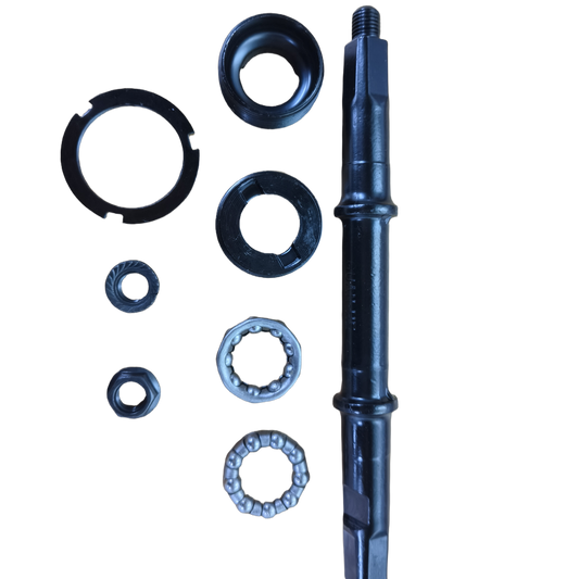 GT73 complete bottom bracket assembly parts including spindle, bearings, and seals isolated on white background