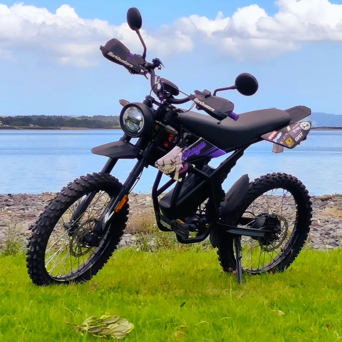 Riding’times GT73 electric motorbike parked on grass beside a lake