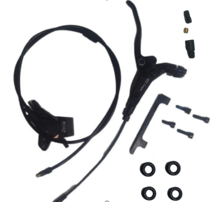 Front brake set with lever, hose, caliper, and mounting hardware for bicycle or motorcycle.
