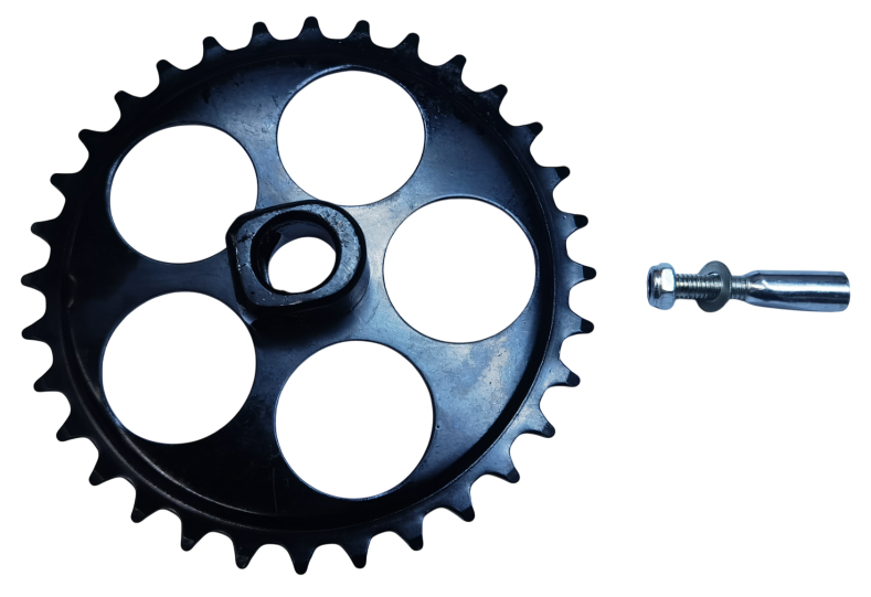 Black sprocket with a bolt on a white background