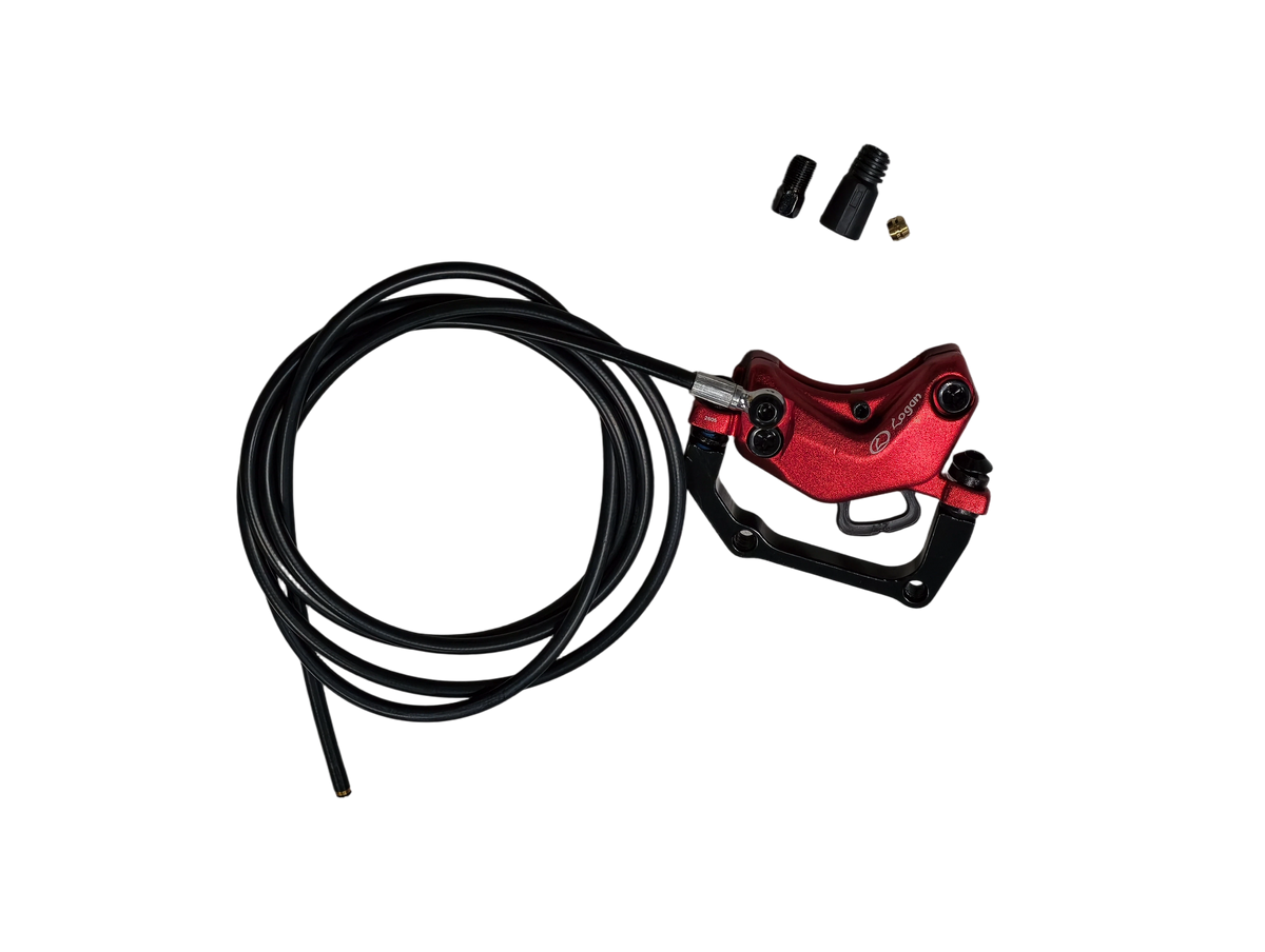 Red hydraulic brake caliper and hose