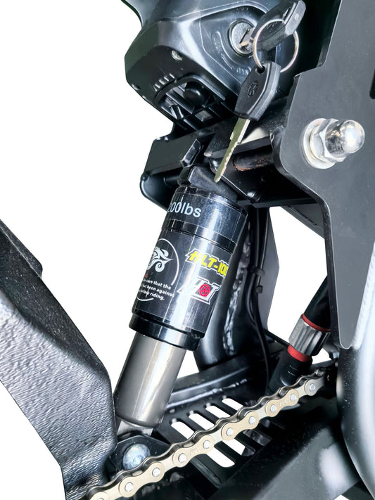 Hydraulic rear shock for GT73 ebike enhancing ride comfort and stability.