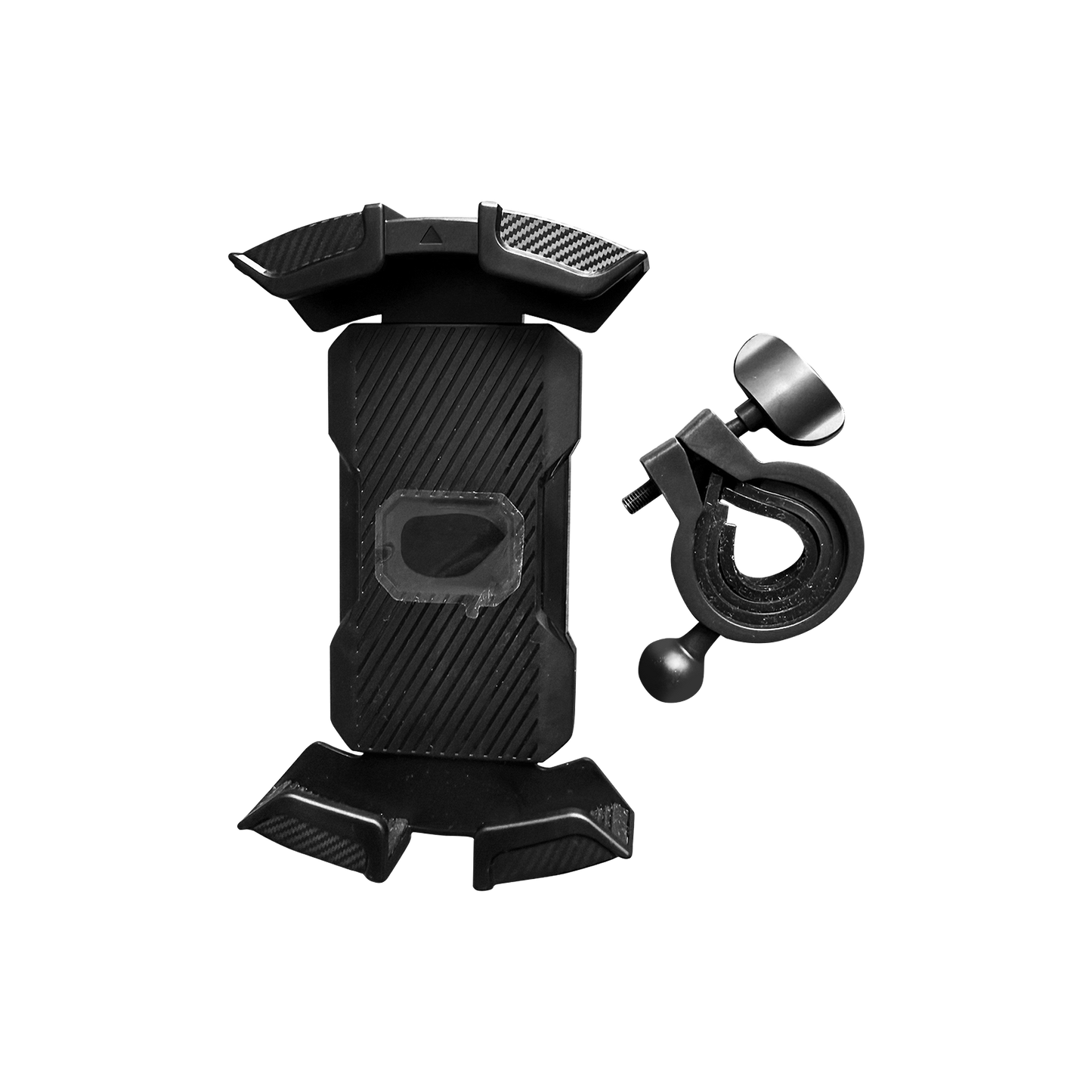 Black adjustable phone holder with mounting clamp for bike or car handlebars