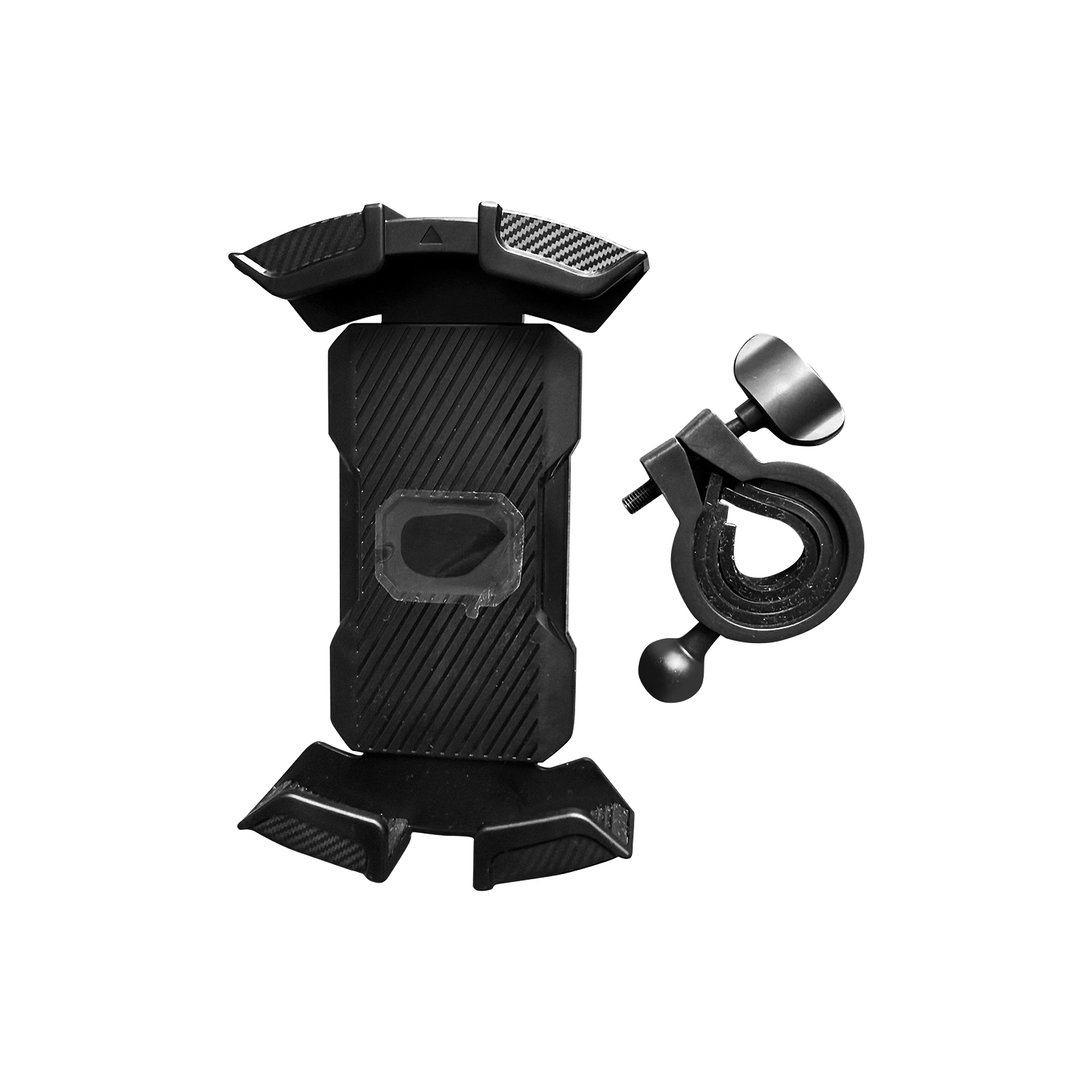 Black adjustable phone holder with mounting clamp for bike or car handlebars