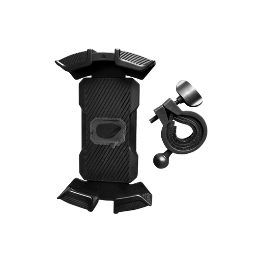 Black adjustable phone holder with mounting clamp for bike or car handlebars