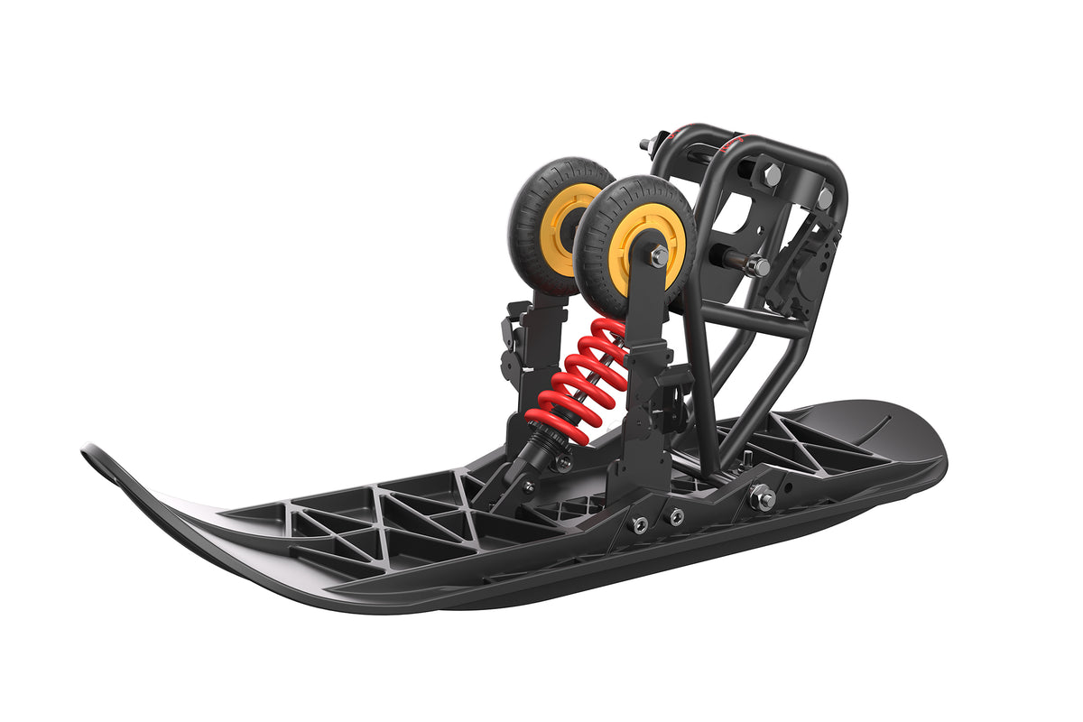 Snow sled track kit in black with red coil shock absorbers and yellow wheels, designed for Riding’times GT73 Pro models.