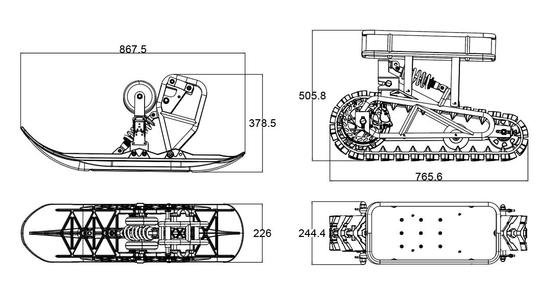Technical drawing of black DIY snow sled kit with 3000W motor, front and rear shock absorbers, and tracked design.